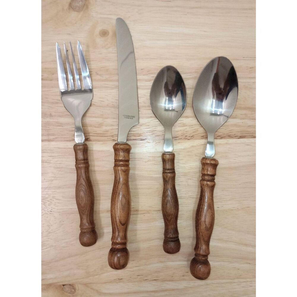 New old stock, vintage, MCM, wood handled flatware-silverware  set .Old Homestea